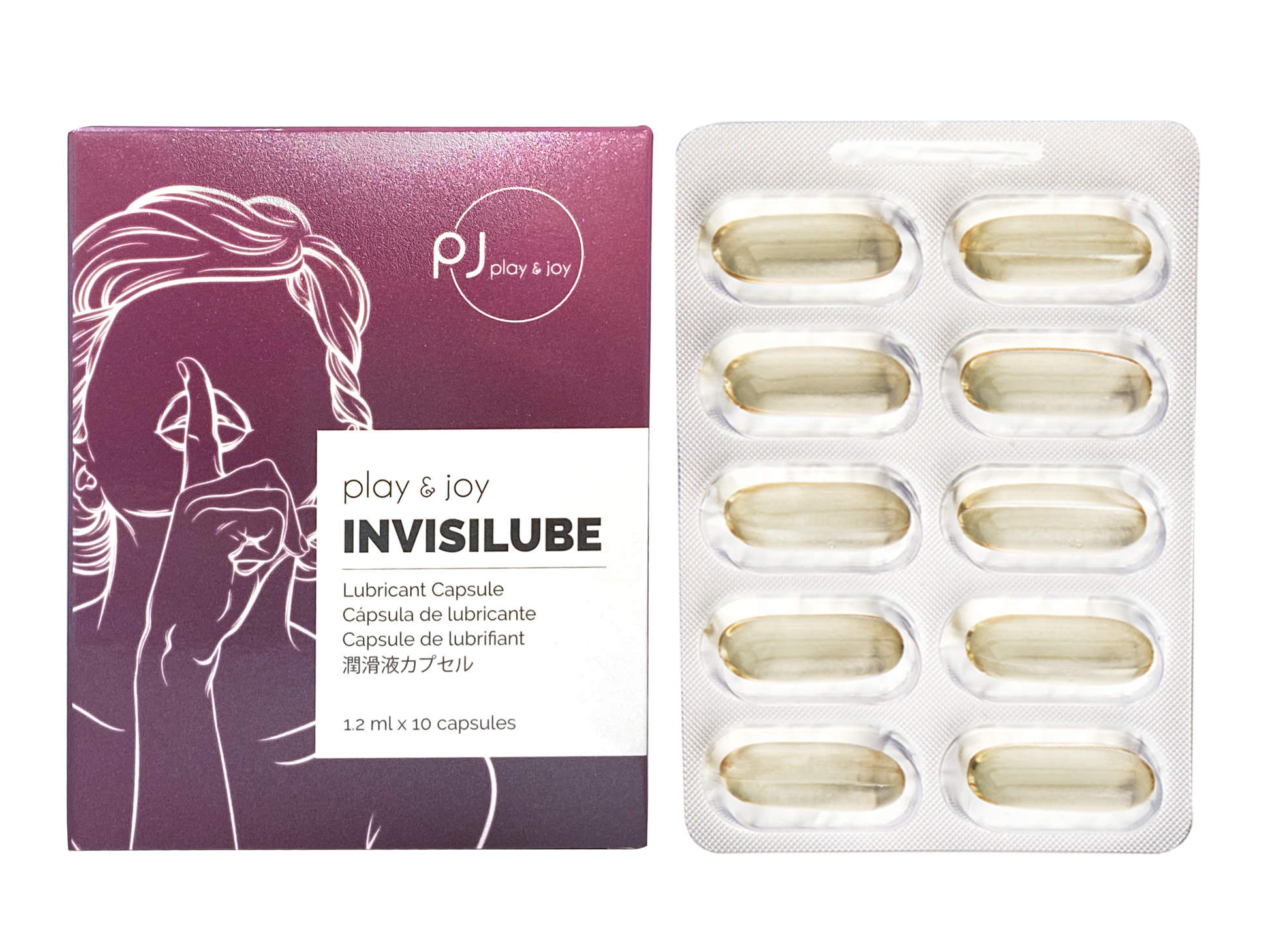 InvisiLube Lub Capsule, pack de 10 cápsulas junto a su caja, lubricante interno de silicona médica para hidratación y deslizamiento prolongado.
