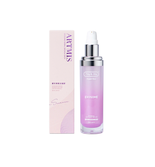 Artmis Orgasm Drop de 35 ml junto a su caja, fórmula premium con exosomas y ácido hialurónico para sensaciones íntimas intensas.