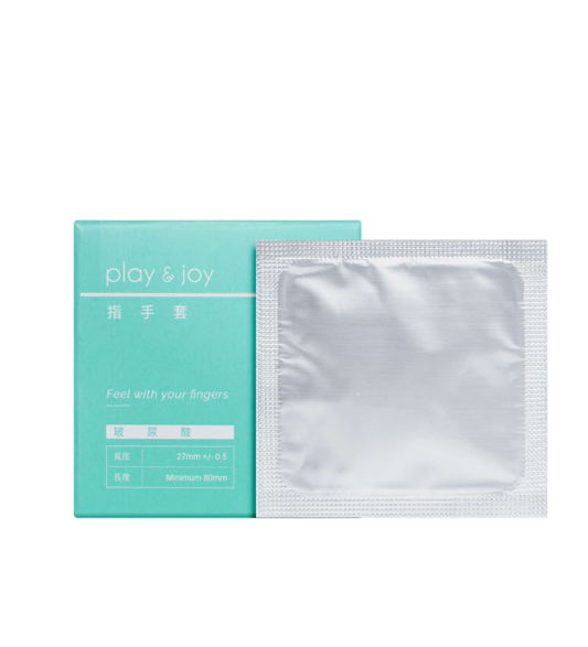 Finger Cot Hyaluronic Acid, pack de 5 dedales junto a su caja, látex lubricado con ácido hialurónico para mayor confort y protección íntima.