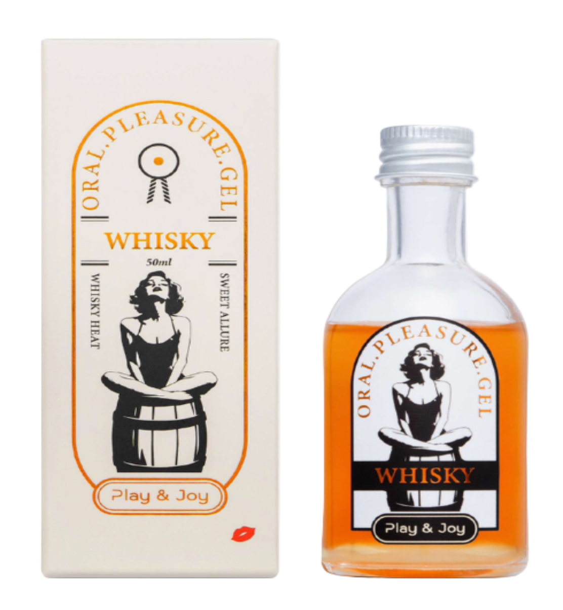 Lubricante oral Oral Pleasure de 50 ml junto a su caja, fórmula de base acuosa con sabores gourmet Whisky.