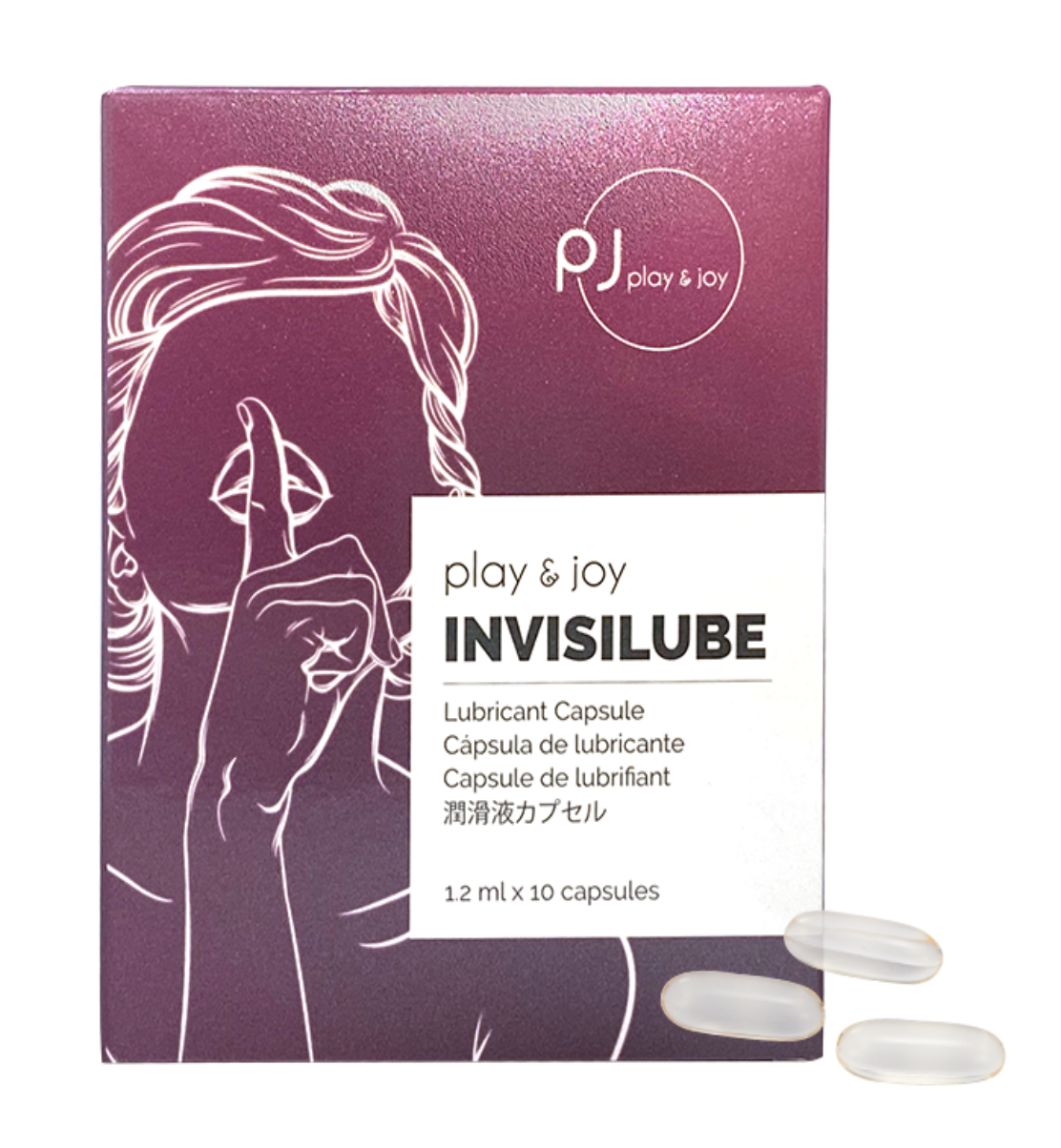 InvisiLube Lub Capsule, pack de 10 cápsulas junto a su caja, lubricante interno de silicona médica para hidratación y deslizamiento prolongado.