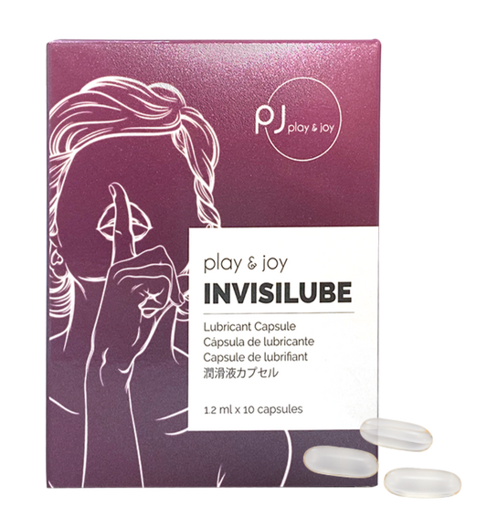 InvisiLube Lub Capsule, pack de 10 cápsulas junto a su caja, lubricante interno de silicona médica para hidratación y deslizamiento prolongado.